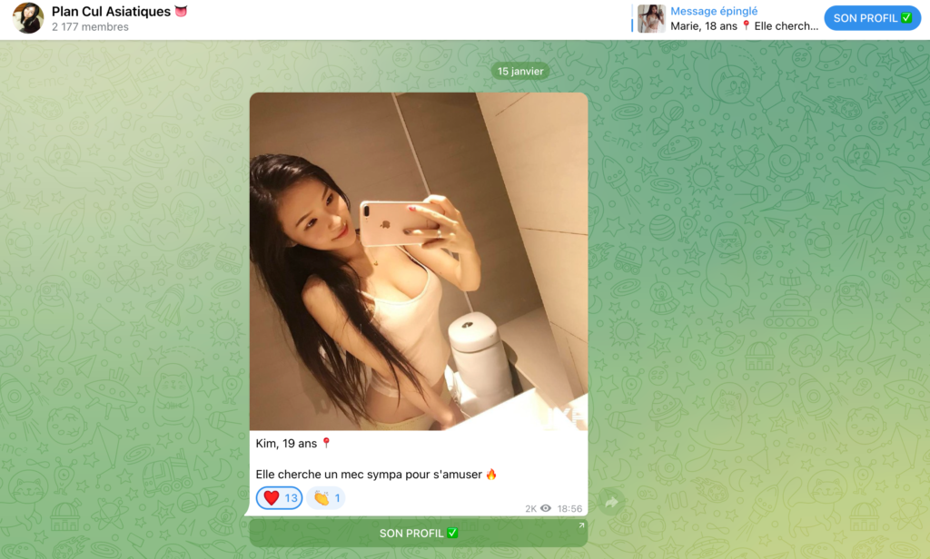Screen eines Telegram-Kanals, in dem man asiatische Mädchen für Sex treffen kann